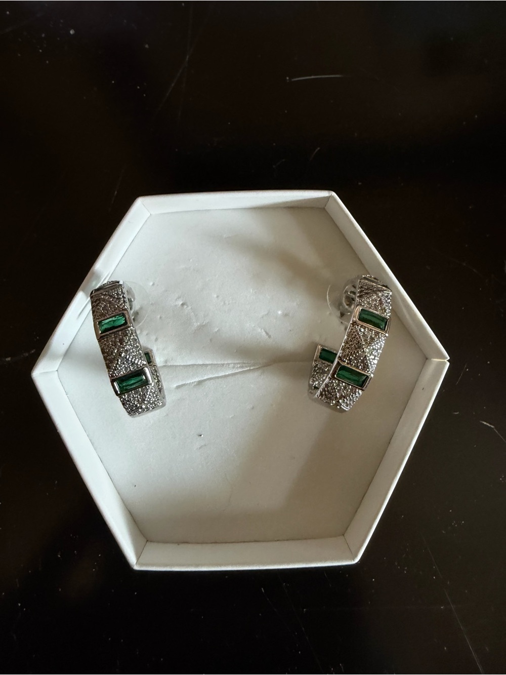 May 25: Emerald on Rhodium Hoops